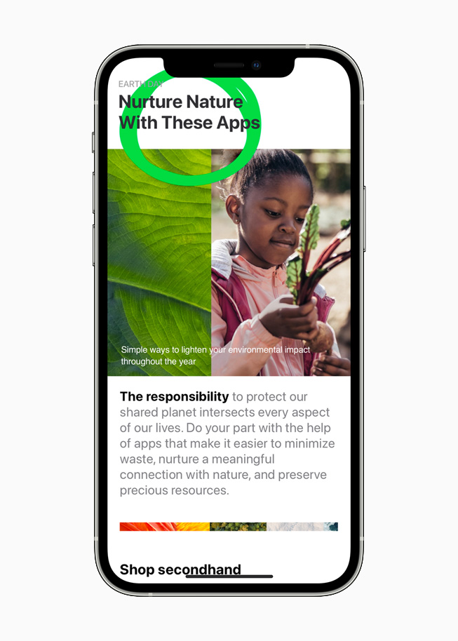iPhone 12 Pro'da App Store’daki çevre bilinçli uygulamalar gösteriliyor. 