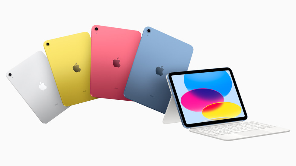 iPad (10. gen.) vist i sølvfinish, gul, rosa og blå.