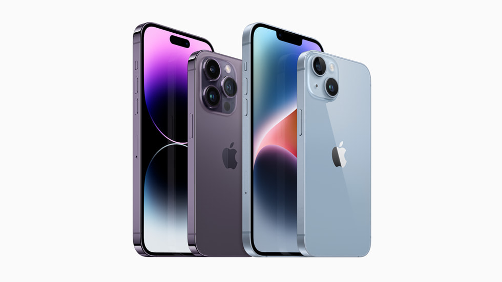 iPhone 14-produktserien vises: iPhone Pro Max, iPhone 14 Pro, iPhone 14 Plus og iPhone 14.