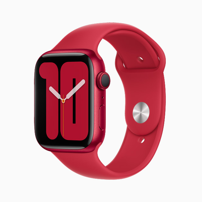 Det nye Apple Watch Series 7 (PRODUCT)RED – vist med Sportsrem – har en urkasse i aluminium og er lavet af en 100 procent genanvendt legering af samme kvalitet, som bruges i luftfartsindustrien.