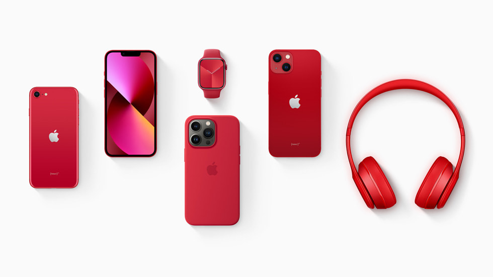 Apples nye (PRODUCT)RED-enheder og -tilbehør inkluderer iPhone 13 (PRODUCT)RED, iPhone 13 mini (PRODUCT)RED og Apple Watch Series 7 (PRODUCT)RED.