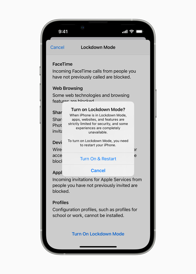 En iPhone-skærm viser den nye nedlukningstilstand og spørger brugeren, om den skal slås til.