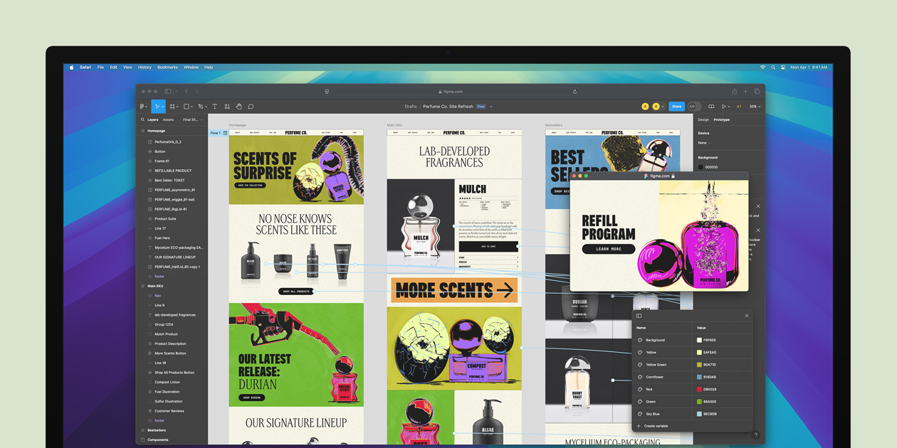 Egy kijelző a Safari böngészőt jeleníti meg egy Figma.com weboldalon megnyitott projekttel.